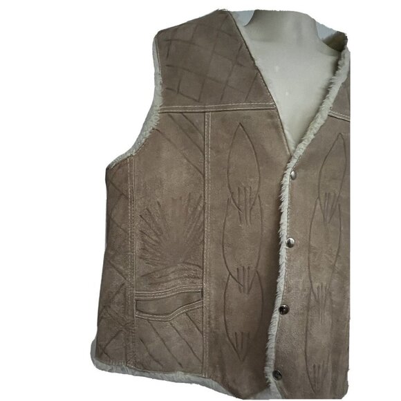 Vintage Southwestern Mens Sherpa Wool Lined Snap Front Leather Vest XL Unisex - Picture 5 of 10